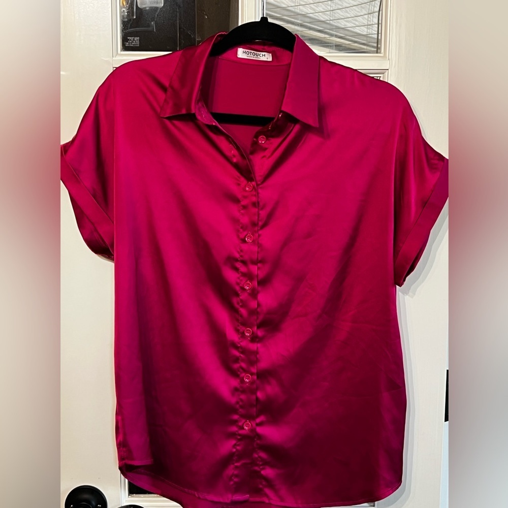 HOTOUCH Hot Pink Fuchsia Silky Button Front Short Sleeve Blouse Size Small
